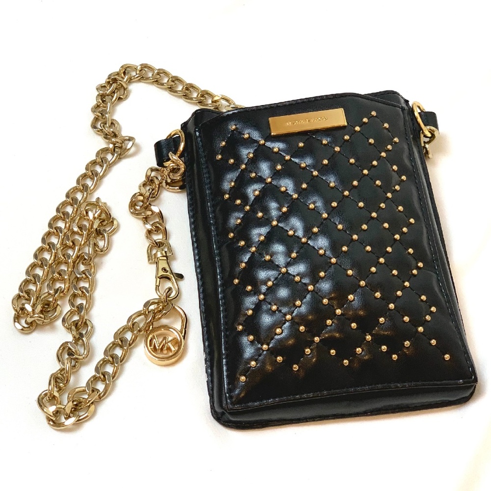 RARE TO FIND MK Studded Leather Crossbody Phone Bag adjustable Golden Chain
